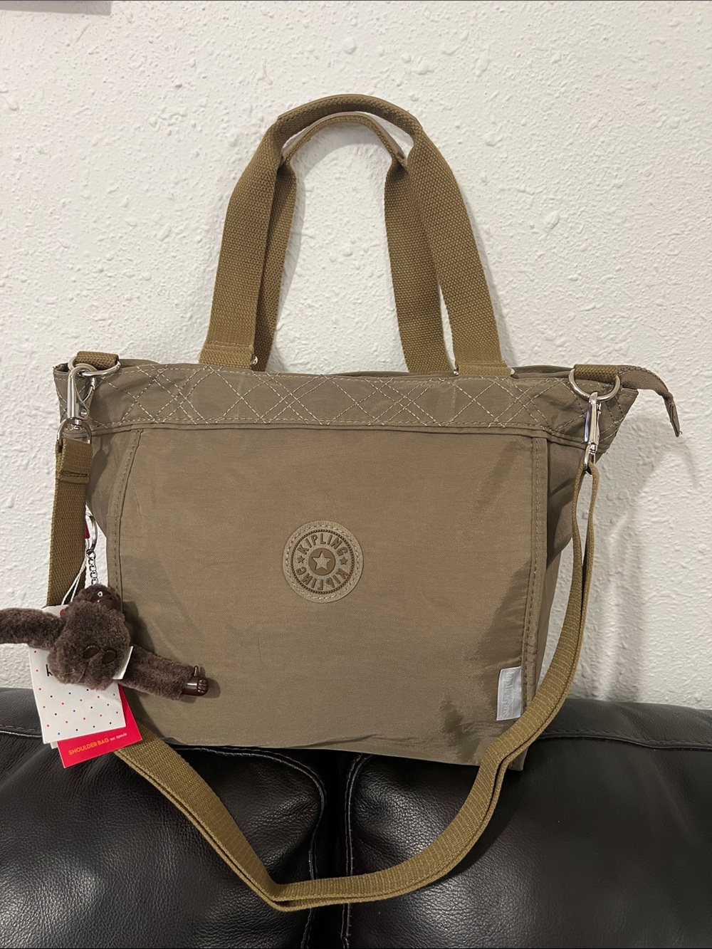 Kipling Khaki Nylon Bag with Monkey Keychain